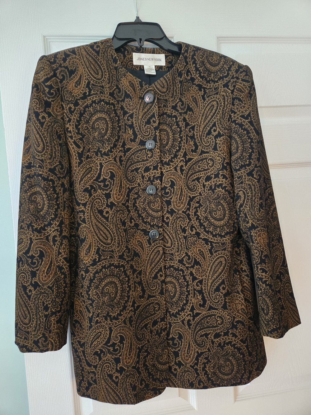 Jones New York Black and Brown Paisley Notchless Blazer